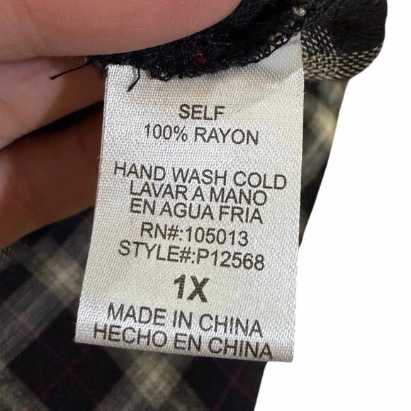 Andree by Unit Boho Embroidered Plaid Tunic Blouse 1X Roll Tab Sleeve Western - Picture 9 of 16